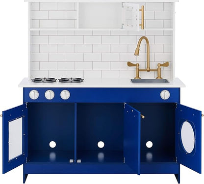 Teamson Kids Little Chef Berlin Kids Play Kitchen with 6 Kitchen Accessories, Wooden Play Kitchen Set for Toddlers with Subway Tile Backsplash, Gold Hardware, & Storage Shelves, Blue/White