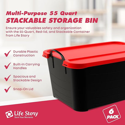 Life Story 6 Pack Heavy Duty Stackable Storage Bin, 55 Quart Home Organizer, Versatile Lightweight Locking Bins with Carrying Handles, Black/Red