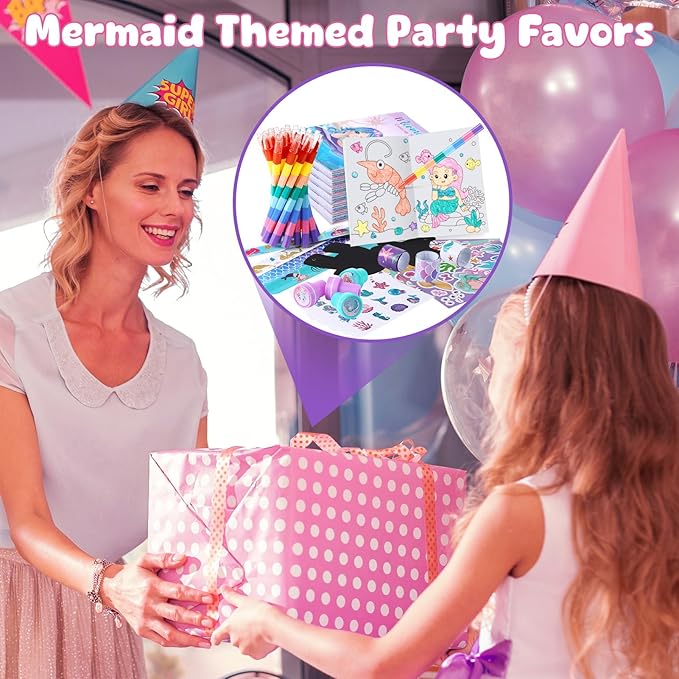 BenLouis 96Pcs Mermaid Party Favors Little Mermaid Coloring Books Crayon Stickers Set Bulk for Kids Mermaid Birthday Decor Baby Shower Candy Goodie Bag Stuffer Classroom Rewards Pinata Supplies