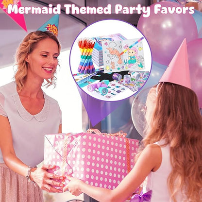 BenLouis 192Pcs Mermaid Party Favors Little Mermaid Coloring Books Crayon Stickers Set Bulk for Kids Mermaid Birthday Decor Baby Shower Candy Goodie Bag Stuffer Classroom Rewards Pinata Supplies