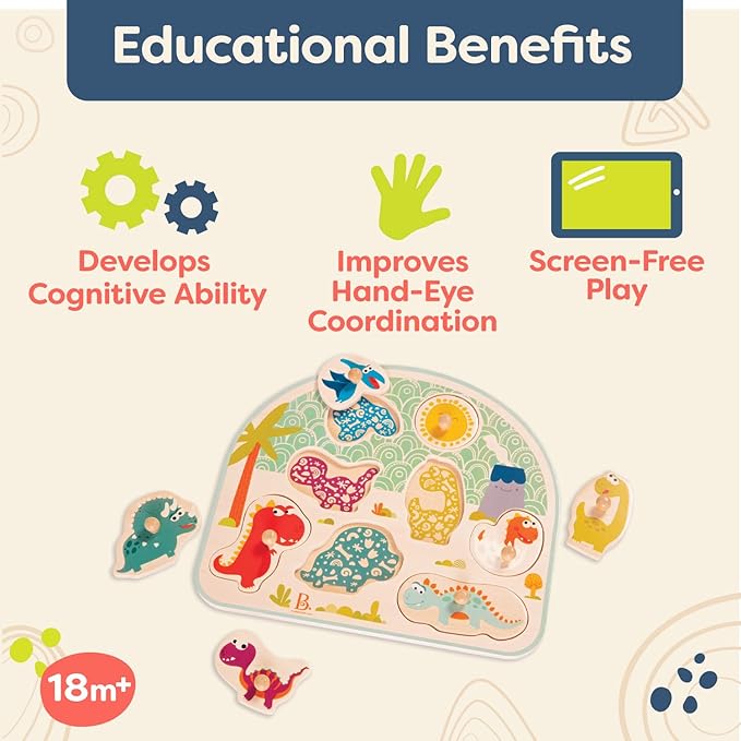 B. toys- Stomping Dinos- Wooden Peg Puzzle – Dinosaur Puzzle – 8 Pieces – Classic Toys for Toddlers, Kids – 18 Months +