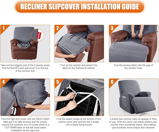 VANSOFY Recliner Chair Cover, 3-Pieces Stretch Recliner Covers for Recliner Chair Soft Reclining Chair Slipcover Furniture Protector for Dogs Cats(Dark Gray)