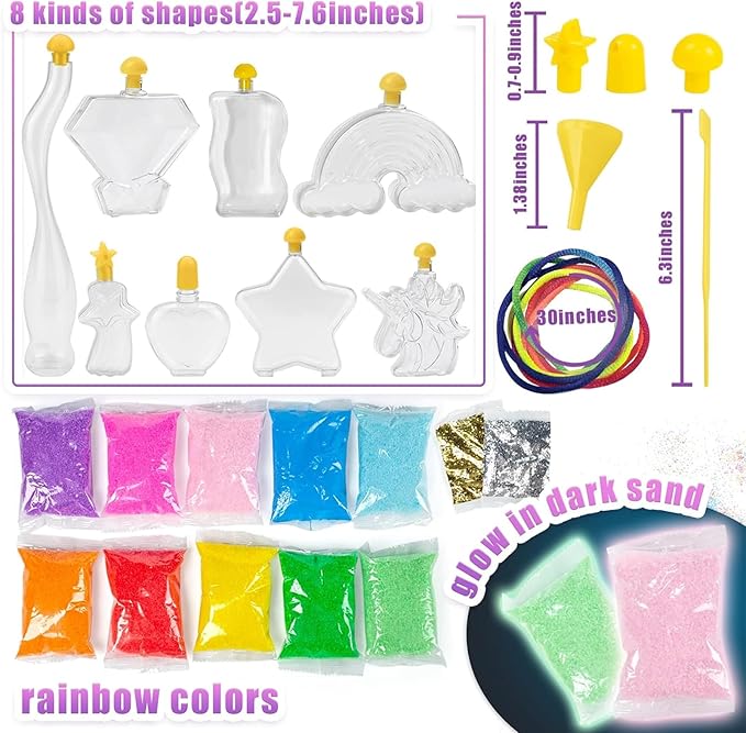 Shindel 36PCS Sand Art and Crafts for Kids, Arts and Crafts Activity Kit, 8 Shapes of Bottles, 10 Colored Sand Bags and 2 Glitter Sand, Great Staycation or Group Activity, Sandbox Toys