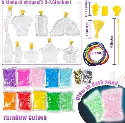 Shindel 36PCS Sand Art and Crafts for Kids, Arts and Crafts Activity Kit, 8 Shapes of Bottles, 10 Colored Sand Bags and 2 Glitter Sand, Great Staycation or Group Activity, Sandbox Toys
