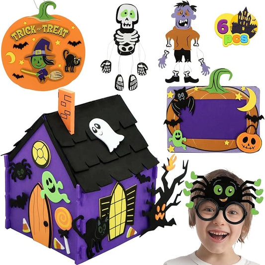 JOYIN Halloween Foam Craft Kit, Party Favors for Kids, Art Crafts with 3D Haunted House, Photo Frame, 2 Halloween Characters Decor, Glasses, Trick or Treat Door Sign Hanger, School Activities Games