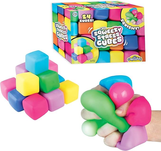 ORB 24 Pack Slow Rising Squishy Stress Cubes - Easy Sqweezy Squishy Cubes - Soft Dough Stress Balls and Fidgets for Anxiety and Stress Relief - Classroom Rewards, Party Favors for Kids, Teens, Adults