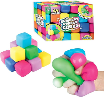ORB 24 Pack Slow Rising Squishy Stress Cubes - Easy Sqweezy Squishy Cubes - Soft Dough Stress Balls and Fidgets for Anxiety and Stress Relief - Classroom Rewards, Party Favors for Kids, Teens, Adults