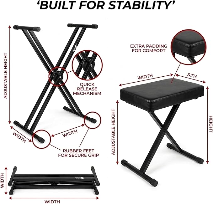 RockJam 61 Key Keyboard Piano Stand With Pitch Bend Kit, Piano Bench, Headphones, Simply Piano App & Keynote Stickers