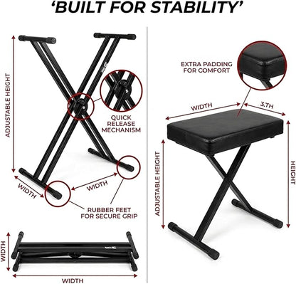 RockJam 61 Key Keyboard Piano Stand With Pitch Bend Kit, Piano Bench, Headphones, Simply Piano App & Keynote Stickers