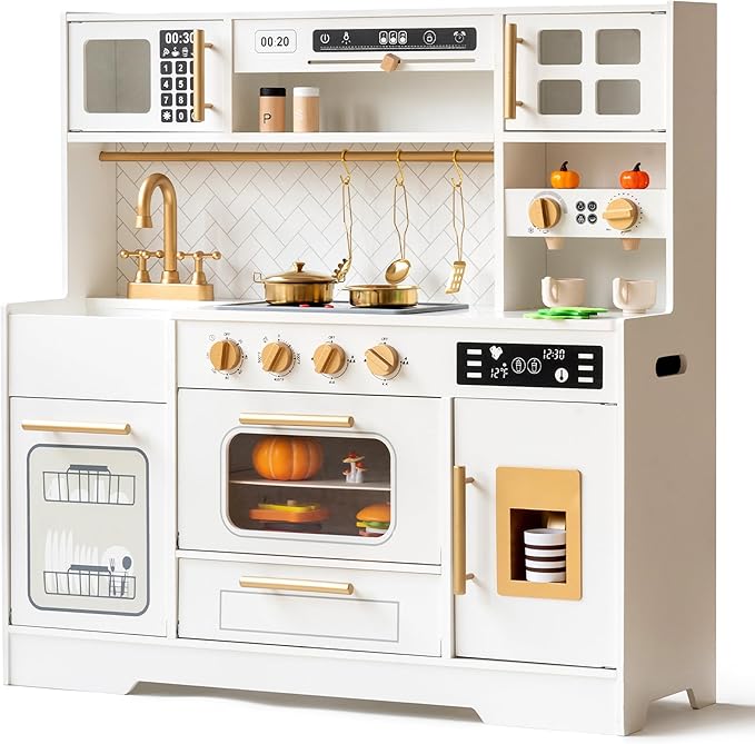 Interactive Wooden Play Kitchen Set for Kids: Realistic Features with Extended Storage and 15 Kitchen Accessories, Ideal Pretend Playset Gift for Toddlers and Children Ages 3+