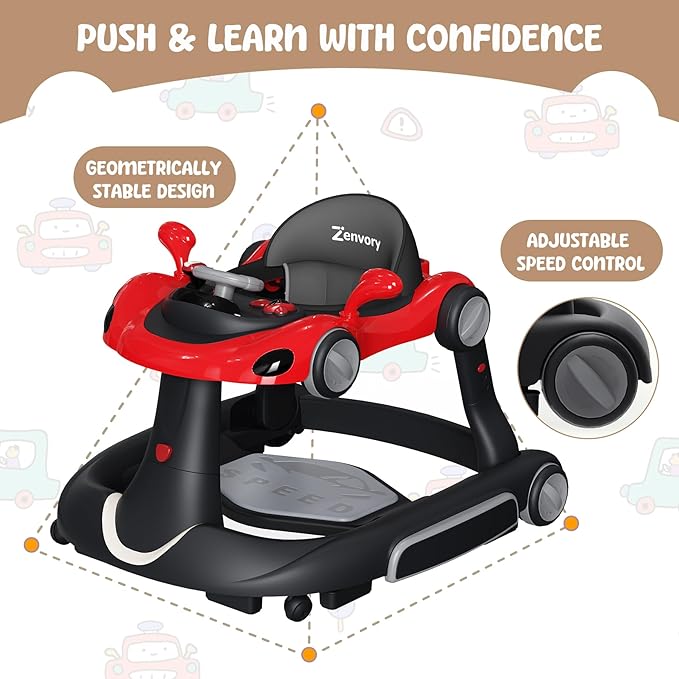 6 in 1 Foldable Baby Walker, Activity Baby Walker-Baby Bouncer, Rocker, Activity Center,Push Walker,Detachable Trampoline Mat, Adjustable Speed Rear Wheels and Height,Music & Lights,Ages 6-18 Months