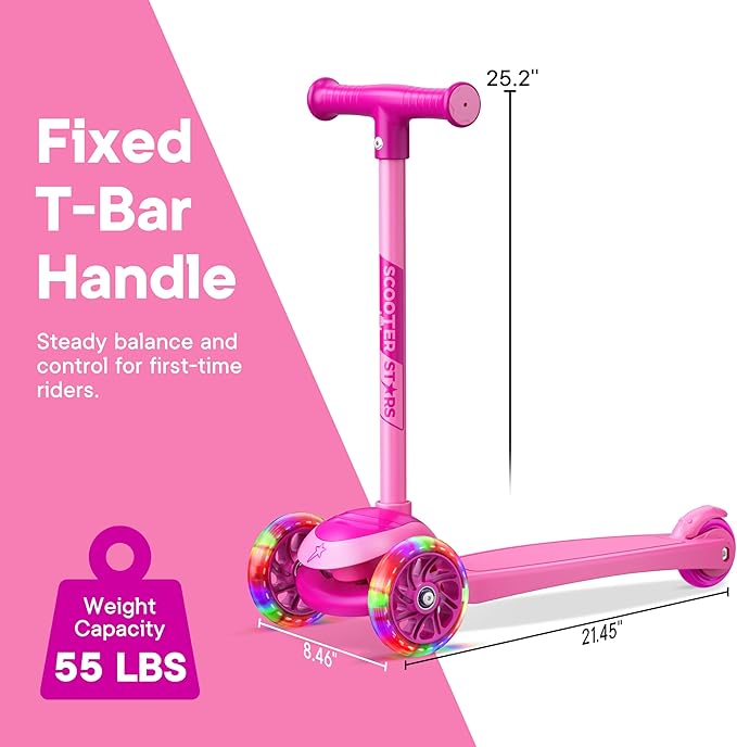 3 Wheel Scooter for Kids, Smooth Light Up LED Front Wheels, Wide Anti Slip Deck, Rear Foot Brake, Easy Lean to Steer Maneuvering, Indoor & Outdoor Ride On Toys for Ages 2 Up,