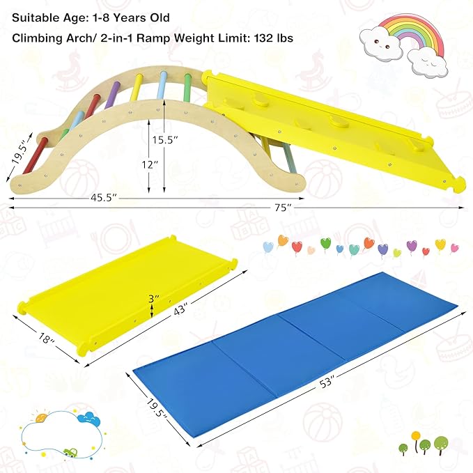 HONEY JOY Wooden Ladder Arch for Climbing, 3 in 1 Kids Climber Ladder & Rocker Board w/Cushion Pad, Toddler Climbing Toy Set for Playground, Gym & Daycare, Gift for Boys Girls(Colorful)