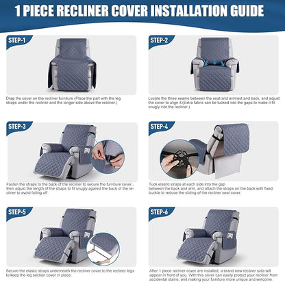 TAOCOCO 100% Waterproof Recliner Covers, Recliner Sofa Covers with Leg Straps, Reversible Recliner Couch Cover for Reclining Chair, Washable Couch Protector for Pets Kids(1 Seater 22", Bluish Gray)