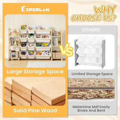 EXPERLAM Extra Large Toy Storage - Toy Storage Organizer, Wooden Toy Organizer with 6 Side Shelves and 12 Bins, 3-in-1 Bookshelf for Kids Rooms, Playroom, Nursery, White