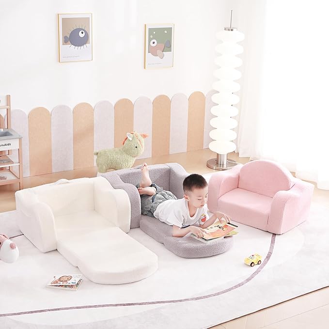 Tiita Kids Chair Couch, Folding Toddler Comfy Sofa Chairs, 2-in-1 Kids Plush Sofa Fold Out, Baby Armrest Chair Sofa to Lounger, Convertible Play Sofas to Bed for Girl or Boy, Pink