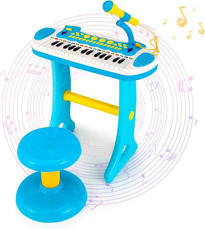 Costzon 31-Key Kids Piano Keyboard Toy, Toddler Electronic Musical Instrument Educational Toy w/Microphone, Multiple Sounds, Record Playback, Lights & Stool, Birthday Gift for Girls Boys Age 3+, Blue