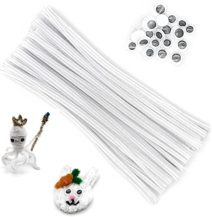 Cldamecy 100 pcs White Pipe Cleaners with 20 pcs Googly Eyes,Chenille Stems for Craft Project,Craft Pipe Cleaners for DIY Projects,Arts and Holiday Decoration