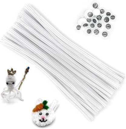 Cldamecy 100 pcs White Pipe Cleaners with 20 pcs Googly Eyes,Chenille Stems for Craft Project,Craft Pipe Cleaners for DIY Projects,Arts and Holiday Decoration