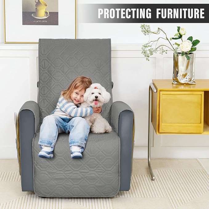Recliner Chair Covers Sofa Slipcover Non-Slip Chair Couch Cover Machine Washable Furniture Protector with Straps for Dogs(Grey, 23inch Recliner)