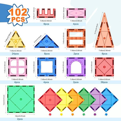 102PCS Magnetic Tiles Building Blocks Stem Toys for 3+ Year Old Boys and Girls Montessori Toys Toddler Kids Gifts Parents Approved Sensory Toys