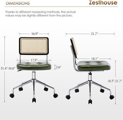 Zesthouse Mid Century Home Office Chair, Armless Desk Chair with Rattan Back, Adjustable Height Task Chair Vanity Chair for Girls Women, Upholstered Swivel Chair, Green Faux Leather