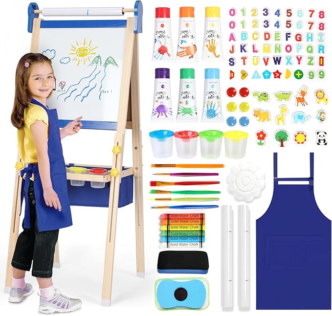 Kids Easel 3-1,Magnetic Chalkboard & Whiteboard, Paper Painting, Big Storage with Canvas Bag, Painting Sets with Finger Paints,Chalks,Brushes,Number Letters Magnets, Apron, Gift for Kids, Blue