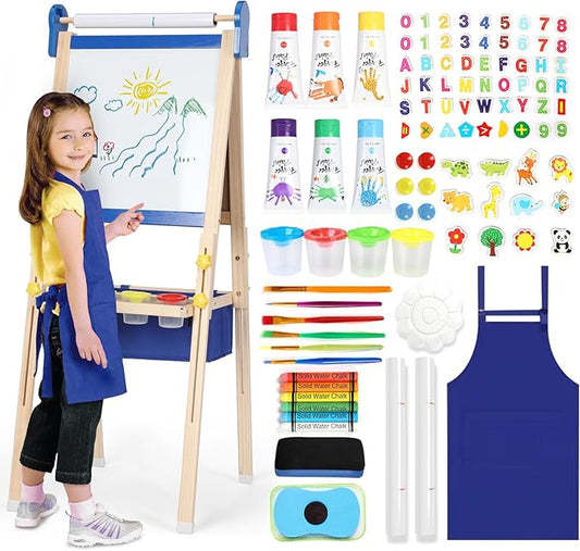 Kids Easel 3-1,Magnetic Chalkboard & Whiteboard, Paper Painting, Big Storage with Canvas Bag, Painting Sets with Finger Paints,Chalks,Brushes,Number Letters Magnets, Apron, Gift for Kids, Blue