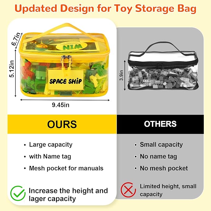 Tesuko 6 Pack Clear Toy Storage Bag with Name Tag& Manual Pocket, Waterproof Transparent PVC Toy Organizer Case for Lego Bricks, Board Games, Building Blocks, Puzzles (Large Capacity, Full Colourful)