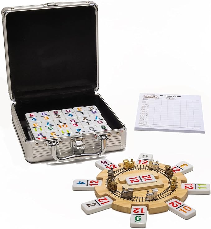 Mexican Train Dominoes Set Double 12 Color with Numbers and Wooden Hub 8 Metal Trains and Aluminum Case