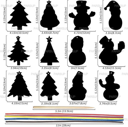 96Pcs Christmas Tree Snowman Scratch Paper Rainbow Color Scratch Ornaments Christmas Decorations Hanging Craft Art Kits with Wooden Stick and Ribbon for Kids Christmas Winter Party Favors