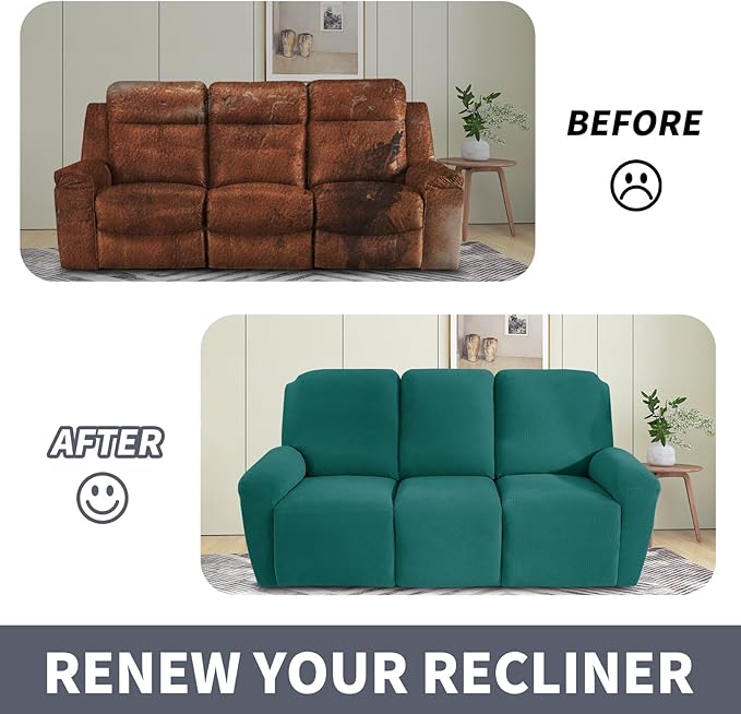 JIVINER Recliner Couch Cover, Jacquard 5 Piece Stretch Sofa Covers for 3 Cushion Reclining Lazy Boy Soft Washable Sofa Slipcovers Protector with Pockets (Recliner Sofa, Teal)