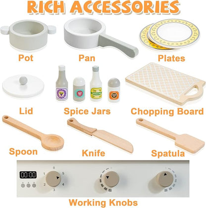 Wooden Kitchen Set for Kids, Realistic Pretend Play Kitchen Utensils Encourage Interaction for Toddlers, Simulated Kitchen Toys Set for Boys Girls Age 3+