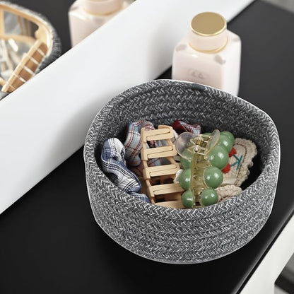 Small Basket, Set of 3 Small Woven Basket, Rope Baskets for Gifts, Cute Mini Tiny Baskets for Organizing Decor Nursery, Decorative Boho Round Storage Basket Bathroom Organization Bin (Grey)