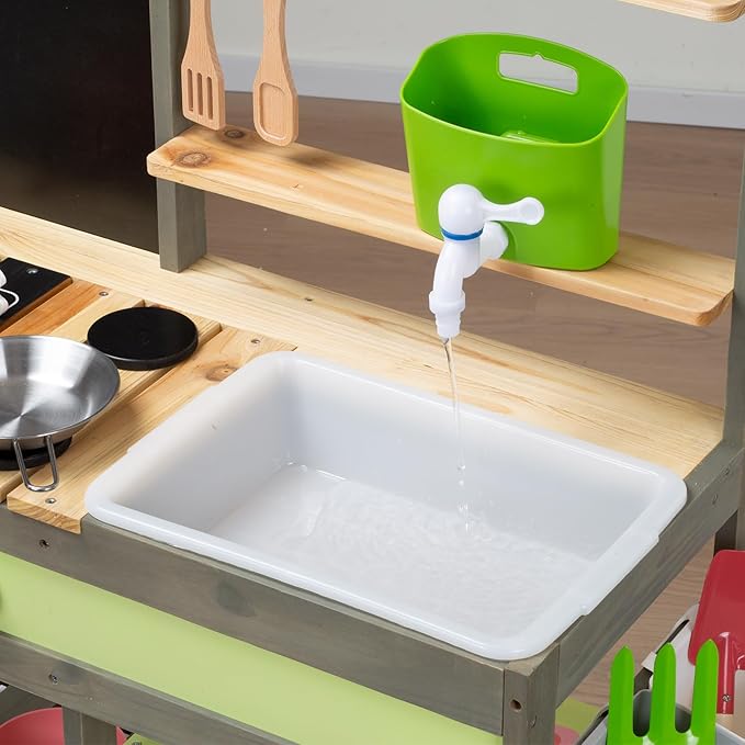 Giant bean Mud Kitchen Playset for Kids, Deluxe Wooden Toy Play Kitchen Set for Boys and Girls Ages 3-8 Indoor & Outdoor Activities, with Sand and Water Sink, Cookware Pots