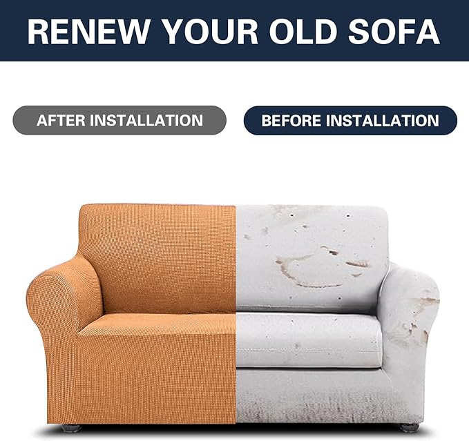 2025 New Stretch Loveseat Sofa Slipcovers Couch Cover for 2 Cushion Furniture Protector Sofa Covers with Elastic Bottom Jacquard Fabric Small Checks for Pets, Kids - Golden