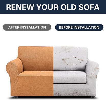 2025 New Stretch Loveseat Sofa Slipcovers Couch Cover for 2 Cushion Furniture Protector Sofa Covers with Elastic Bottom Jacquard Fabric Small Checks for Pets, Kids - Golden