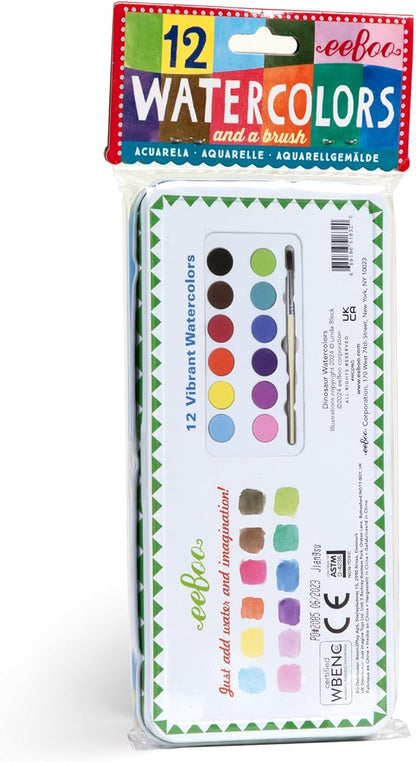 eeBoo: Dinosaur 12 Watercolors - Paint Set w Brush, Beautiful Design Tin Box, 12 Vibrant Colors, Kids Art Supplies, Ages 3+
