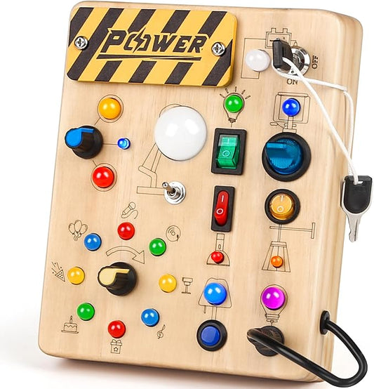 Joyreal Montessori Toddler Busy Board, 19 Led Wooden Sensory Board Educational Toys, Montessori Toys for 1-6 Year Old, Travel Toys Gifts for Toddlers Boys and Girls