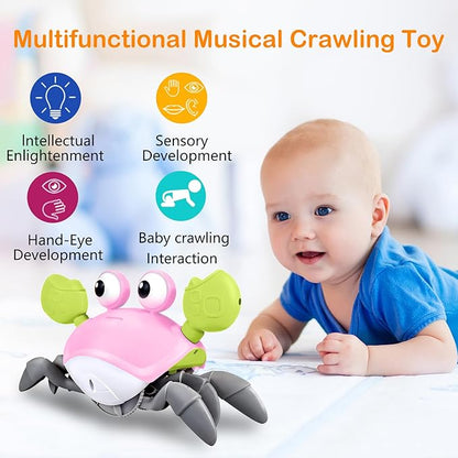 Plnmlls Crawling Crab Baby Toy - Tummy Time Toys - with Music and LED Light,Built-in Rechargeable Battery and Volume Can be Turned Off for 0-6 6-12 12-18 36 Months Walking Toddler Birthday Gift(Pink)