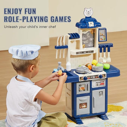 VEVOR Kids Kitchen Playset 48PCS, Pretend Play Kitchen with Cooking Stove with Steam, Sounds and Lights, Play Sink and Play Food, Toy Kitchen Set for Toddlers (Blue) Size 18.5" x 9.4" x 30.7"