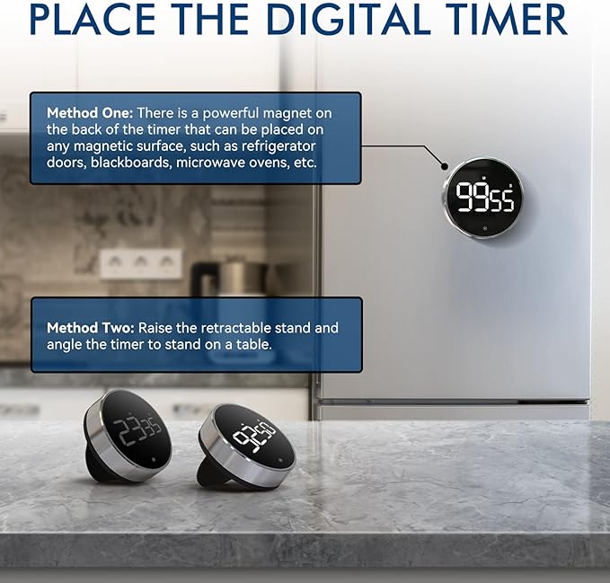 Digital Kitchen Timer, 3.8'' Large LED Display Countdown Countup Timer, Timer for Kids, Classroom Magnetic Timer, Adjustable Volume, Brightness, Easy for Cooking/Study/Office/Exercise (Smooth Knob)