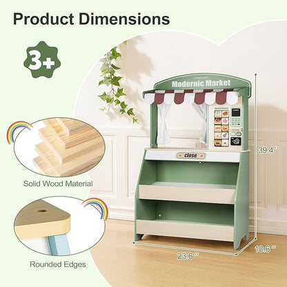 Kids Grocery Store Pretend Play, Puppet Theater&Grocery Store Playset Toy Double-Sided, Toddler Supermarket Toy Cash Register w/Blackboard, Display Shelves, Gift for Boys Girls, Green