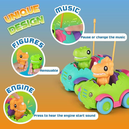 Nueplay Remote Control Car for Toddler Age 2 3 4 5, Electric RC Car Toys with Light & Music, Toddler Dinosaur Toys, Dino Figures Truck Race Car Vehicles, Birthday Gift for Boys & Girls, 2 Pack Playset