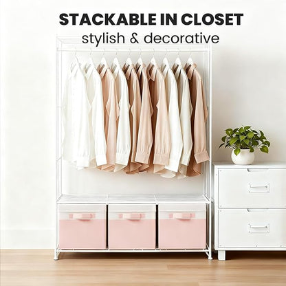 Large Closet Organizer Bins with Lids 8 Pack - Pink Storage Baskets for Shelves Nursery Bedroom Dorm RV - Stackable Decorative Closet Organization Box with Handles for Clothes Purse Blanket Towel