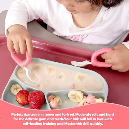 Baby Self Feeding Training Spoon and Fork Set with Travel Case, BPA-Free Cute Circle Toddler Training Utensils, Silicone/ABS Great Tableware Set Spoons Fork for Kids(Pink)