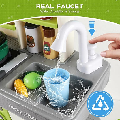 Kids Kitchen Playset, IRIMMY Kitchen Set for Toddler w/Realistic Cooking Light, Sounds, Steam, Sink, and Toy Kitchen Accessories, Pretend Kitchen Toys for Kids Girls Boys, Green