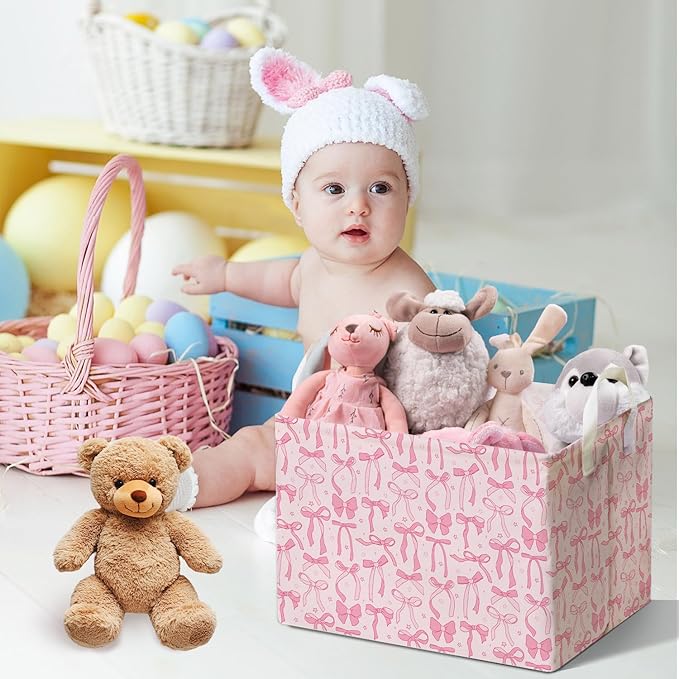 Pink Bow Foldable Storage Bins, Waterproof Toy and Clothes Organizer for Nursery Room, Pink Cute Decorative Fabric Basket for Girls Bedroom, Foldable Gift Box for Game Room, Bow Party Decor
