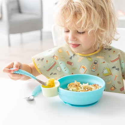 Bumkins Toddler Utensils, Kids Size Fork and Spoon Set, Silicone and Stainless-Steel Training Silverware, Angled Forks / Sporks for Self-Feeding, Children Hold Learning to Eat, 18 Months Up, Blue