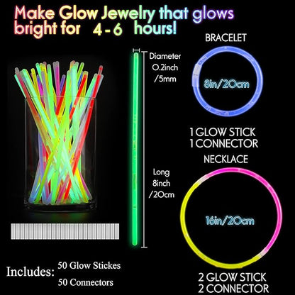 50Pcs Glow Sticks,Glow In The Dark Sticks,8" Glowsticks Light Up Sticks Party Favors for Kids Adults, Glow Sticks Bulk with Connectors for Necklaces Bracelets Party Supplies